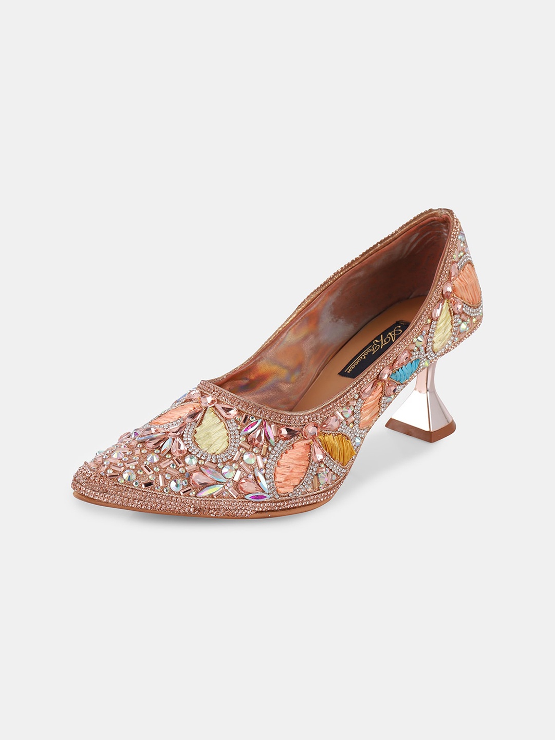 

AZ Footwear Pointed Toe Ethnic Embellished Party Block Pumps, Rose