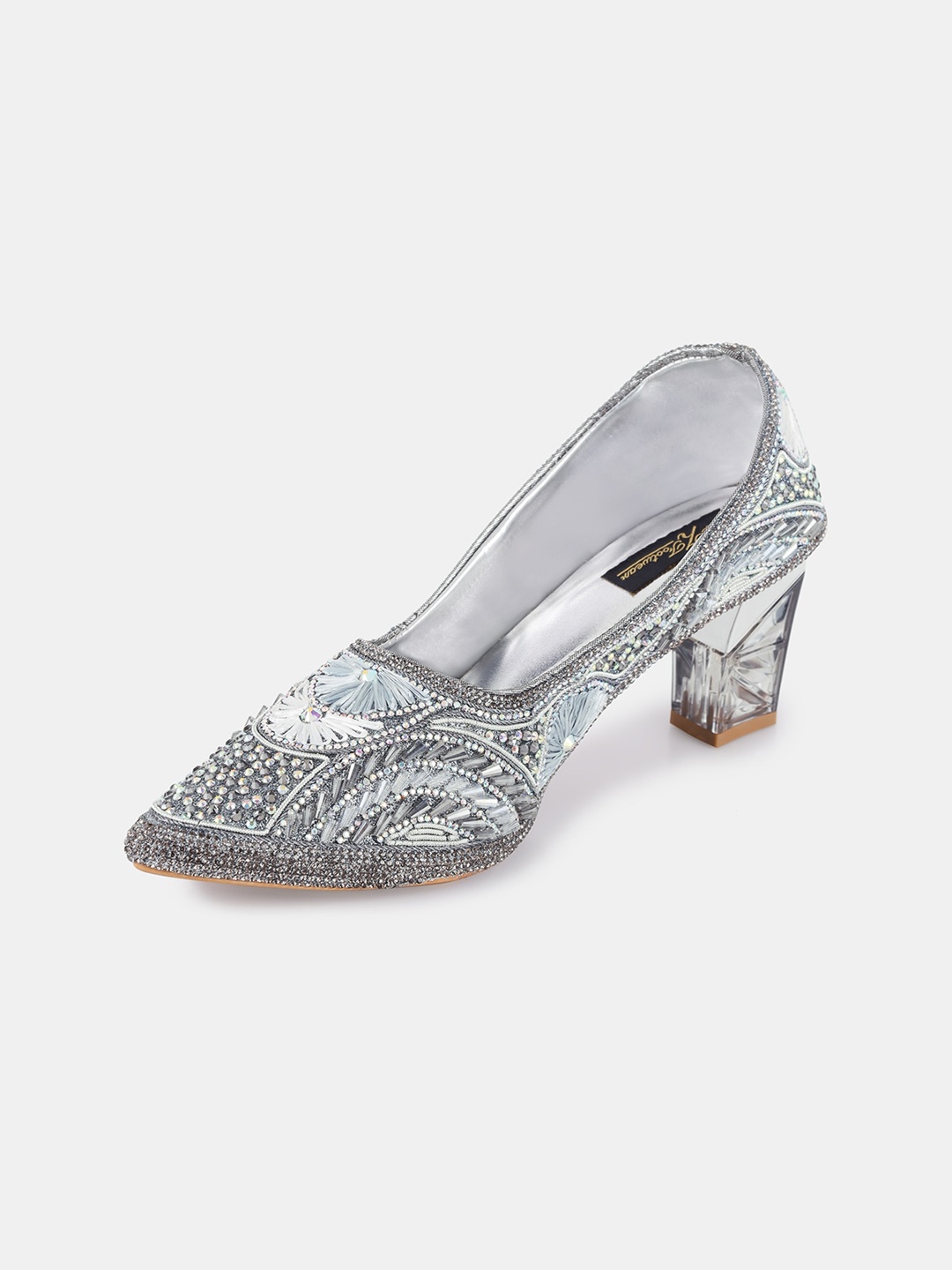 

AZ Footwear Pointed Toe Embellished Ethnic Block Pumps, Grey