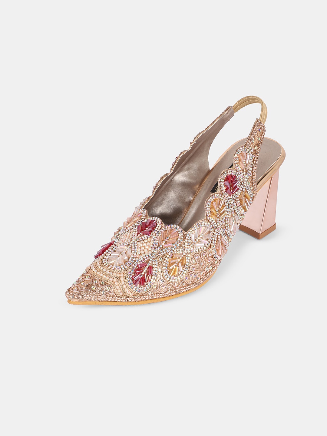 

AZ Footwear Pointed Toe Ethnic Embellished Block Mules With Backstrap, Pink