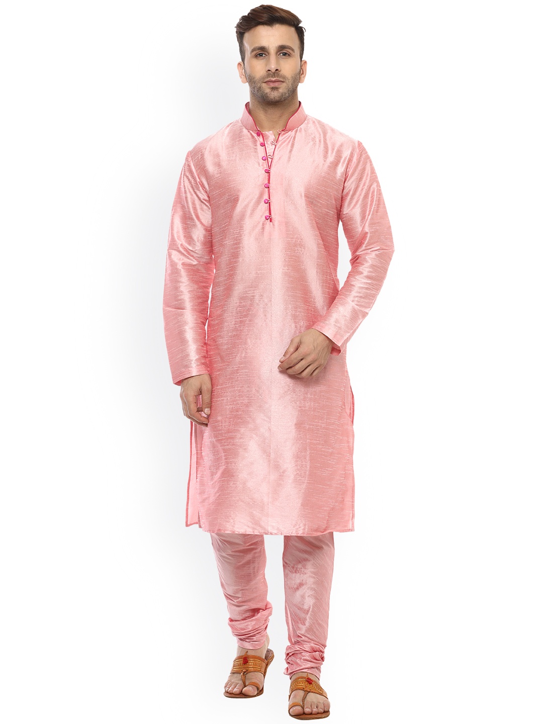 

Hangup Men Pink Solid A-Line Dupain Silk Kurta