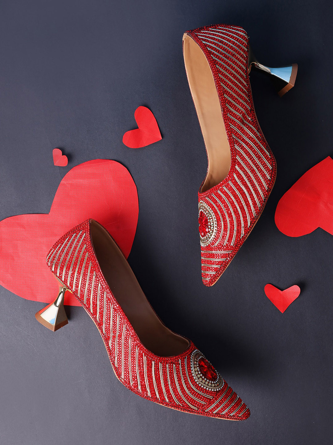 

AZ Footwear Pointed Toe Embellished Block Pumps, Red