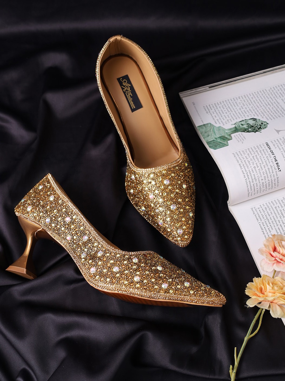 

AZ Footwear Pointed Toe Party Embellished Block Pumps, Copper