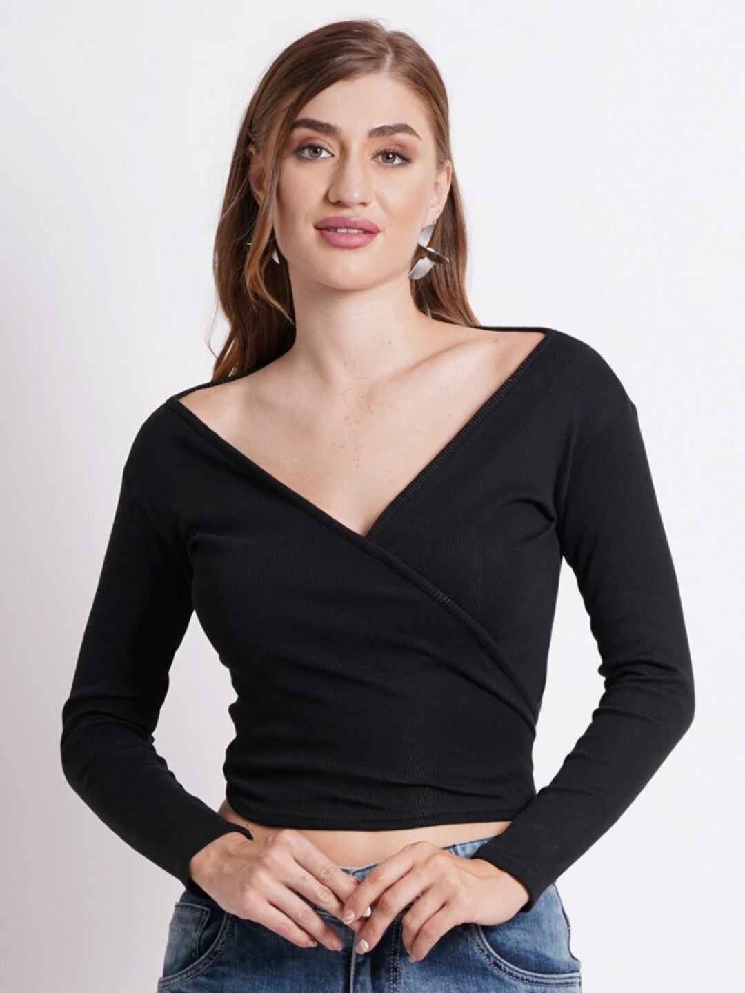 

SIGHTBOMB Long Sleeves Cotton Wrap Crop Top, Black