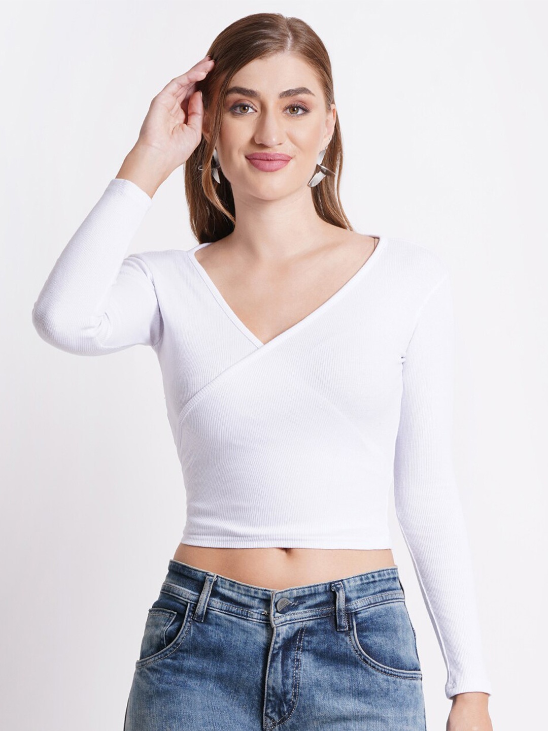 

SIGHTBOMB Long Sleeves Cotton Wrap Crop Top, White