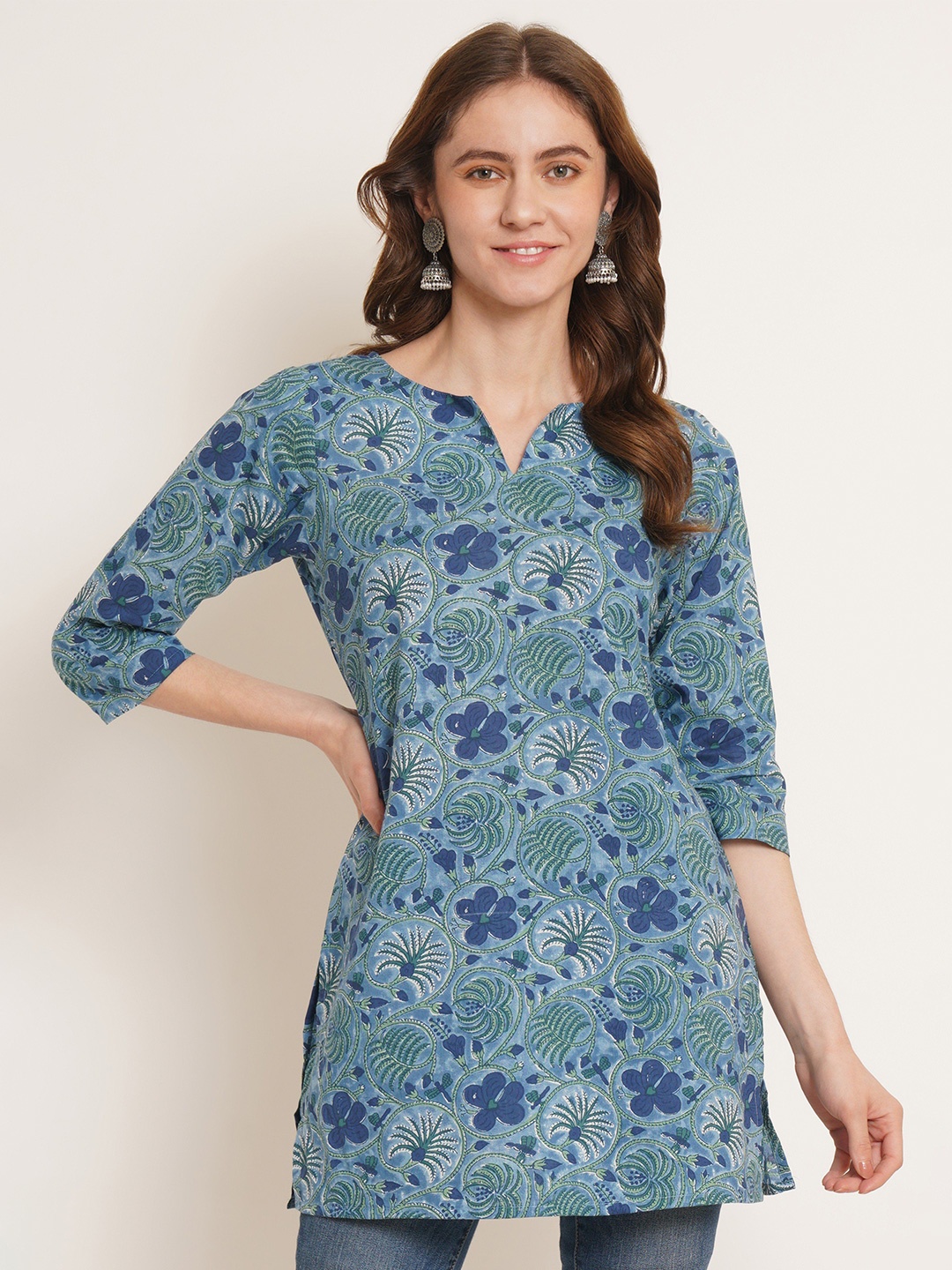 KALINI Floral Printed Pure Cotton Kurti, Blue