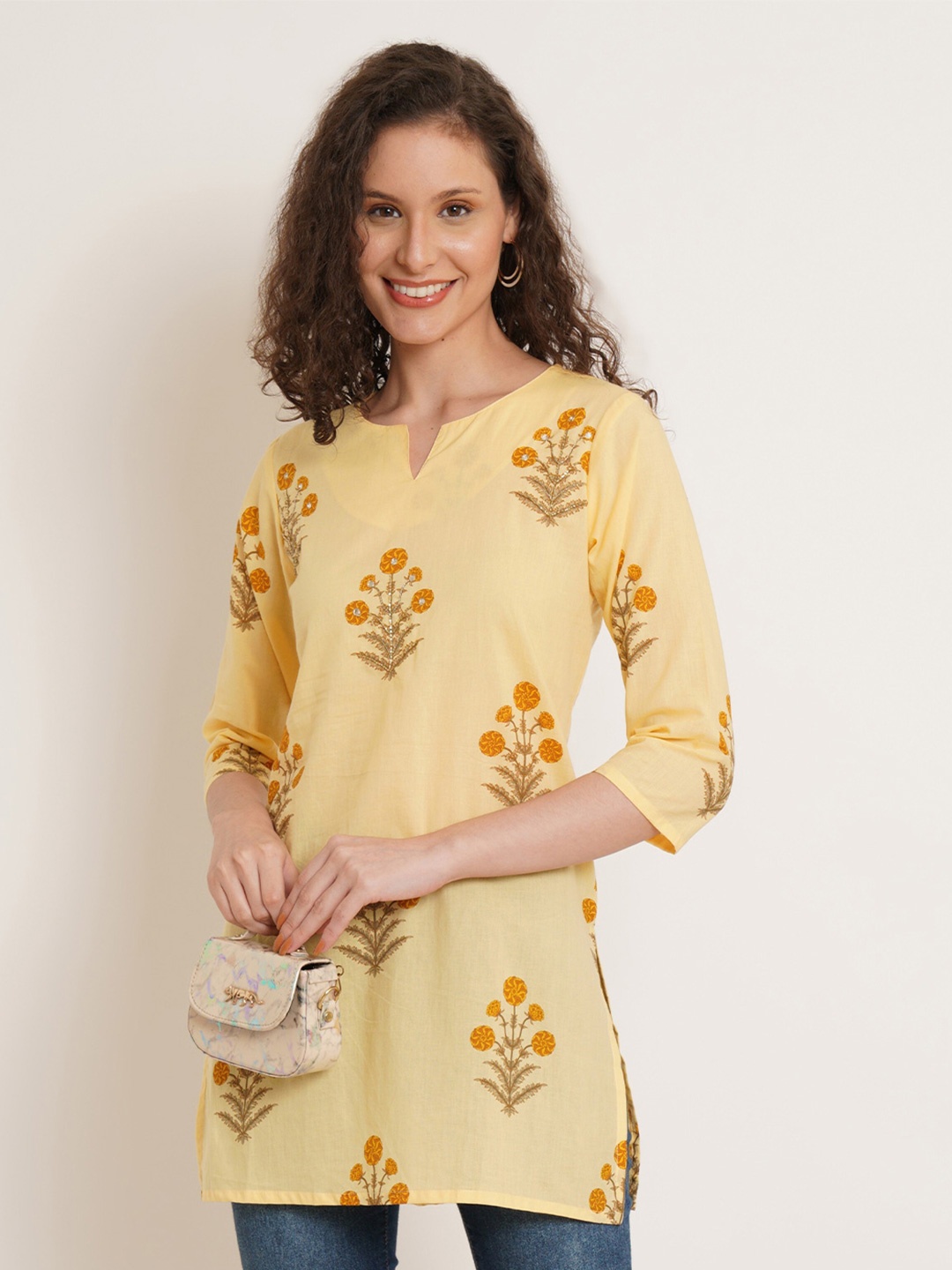 

KALINI Floral Printed Pure Cotton Kurti, Yellow
