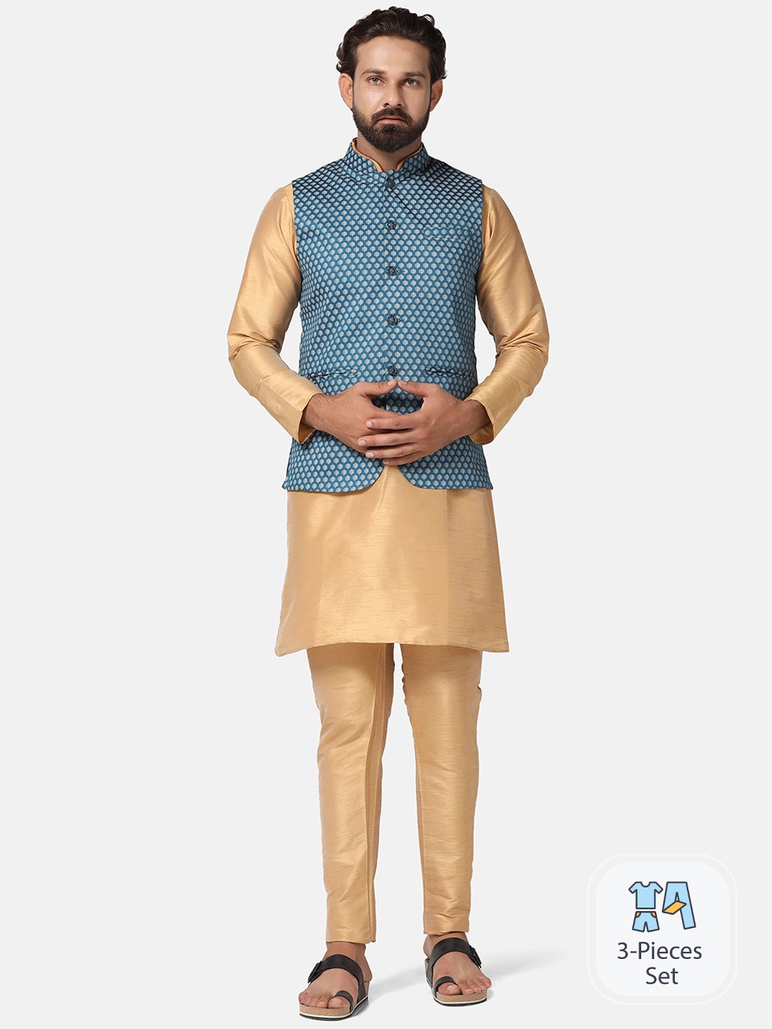 

TAHVO Dupion Silk Kurta With Churidar & With Nehru Jacket, Gold