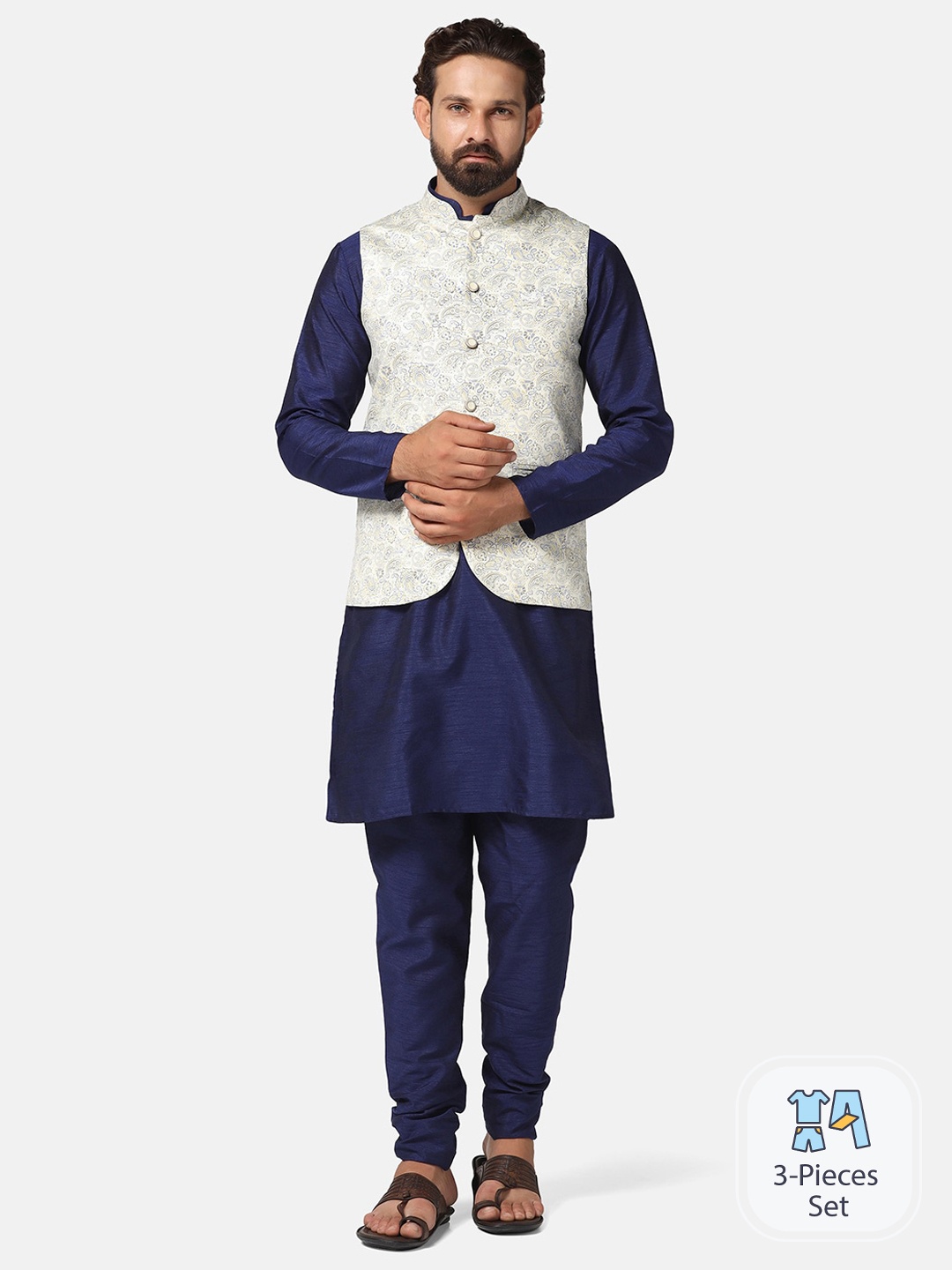 

TAHVO Dupion Silk Kurta With Churidar & With Nehru Jacket, Navy blue