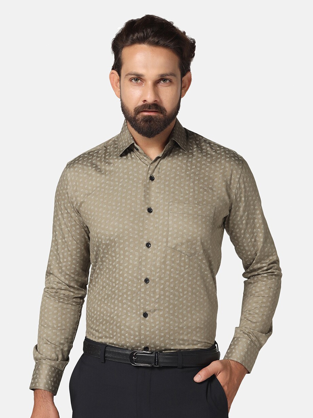 

TAHVO Geometric Printed Indian Slim Slim Fit Cotton Casual Shirt, Brown