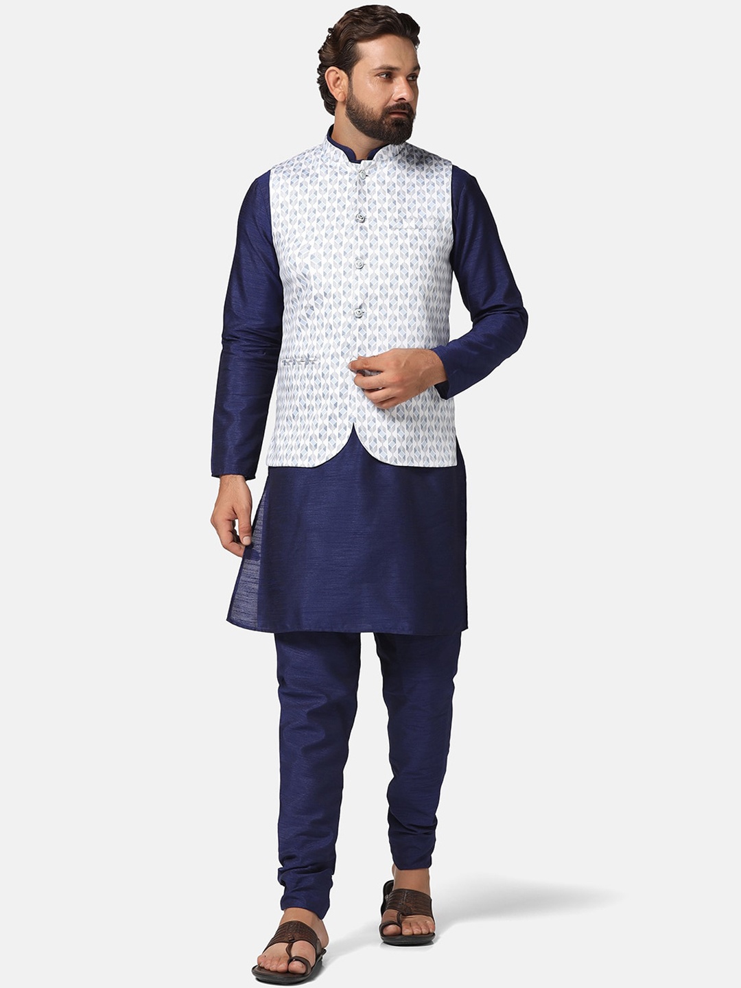 

TAHVO Dupion Silk Kurta With Churidar & With Nehru Jacket, Blue