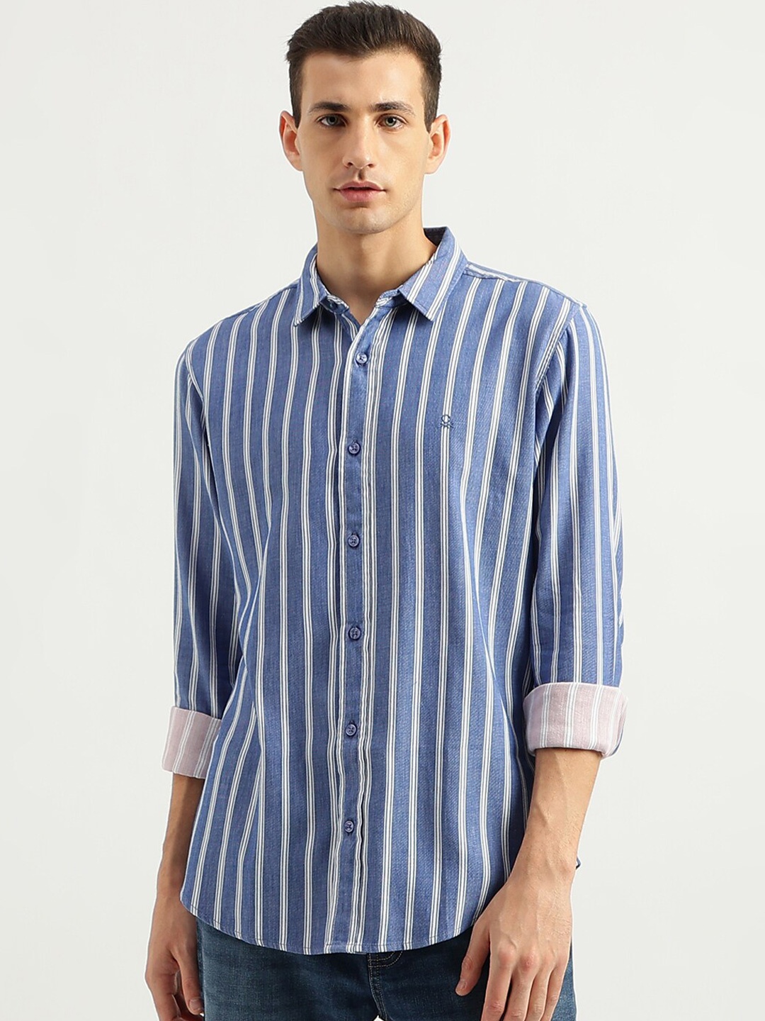 

United Colors of Benetton Striped Spread Collar Slim Fit Cotton Casual Shirt, Blue