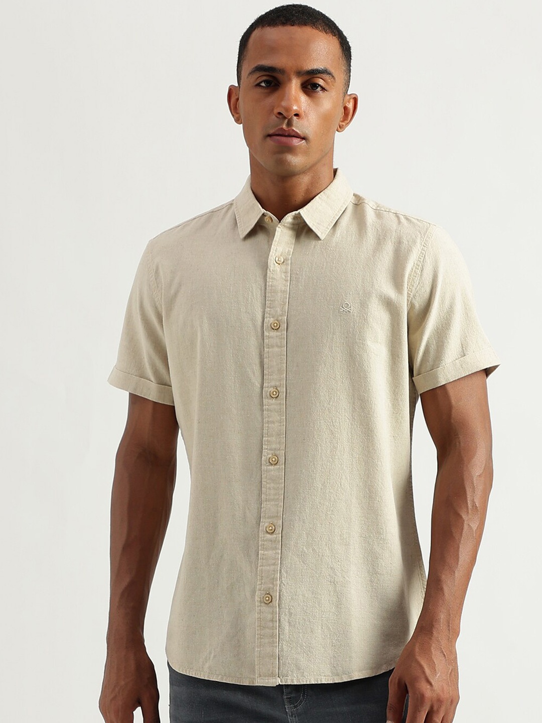 United Colors of Benetton Linen Slim Fit Opaque Casual Shirt, Beige