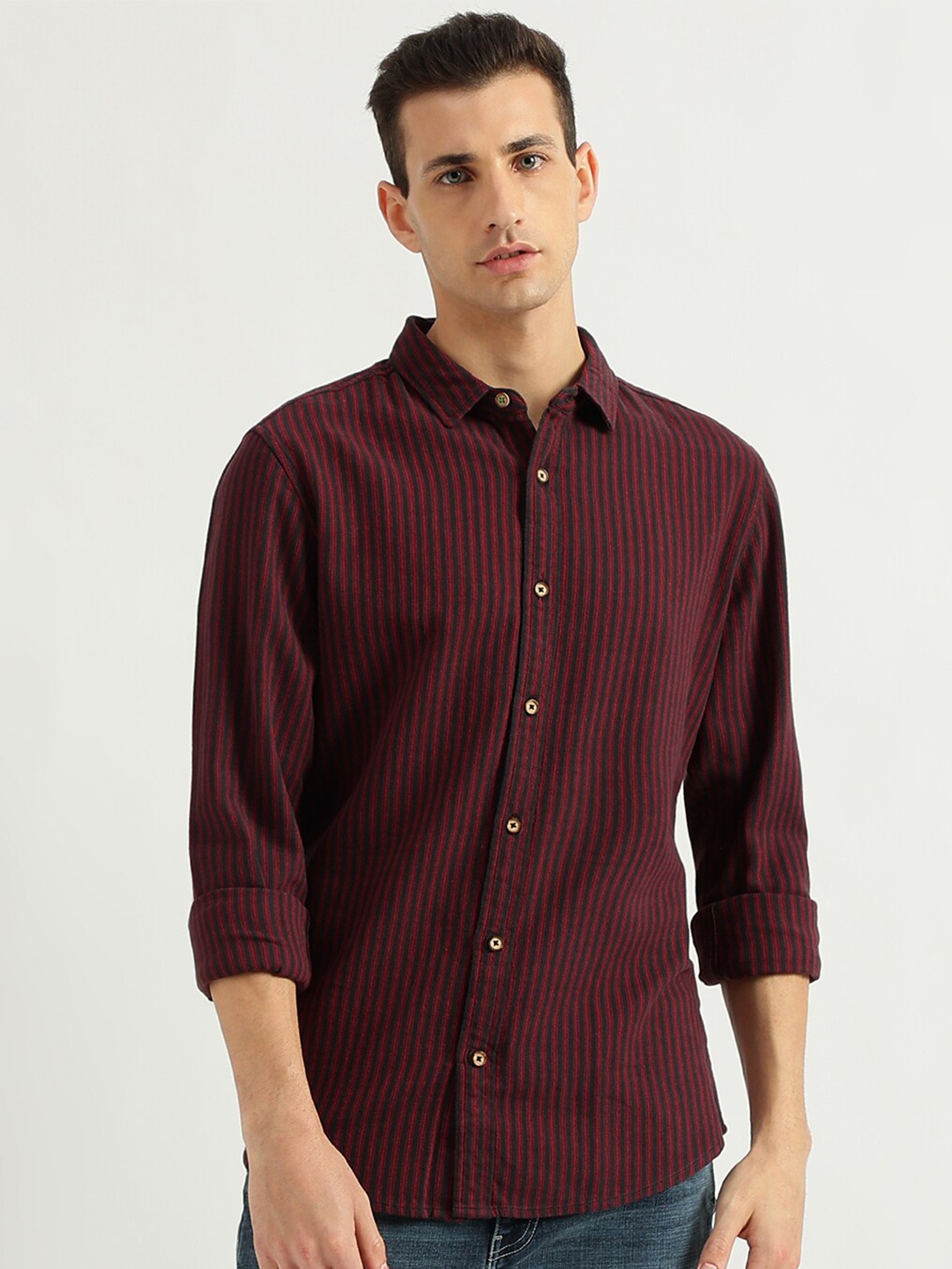 United Colors of Benetton Striped Cotton Slim Fit Opaque Casual Shirt, Red