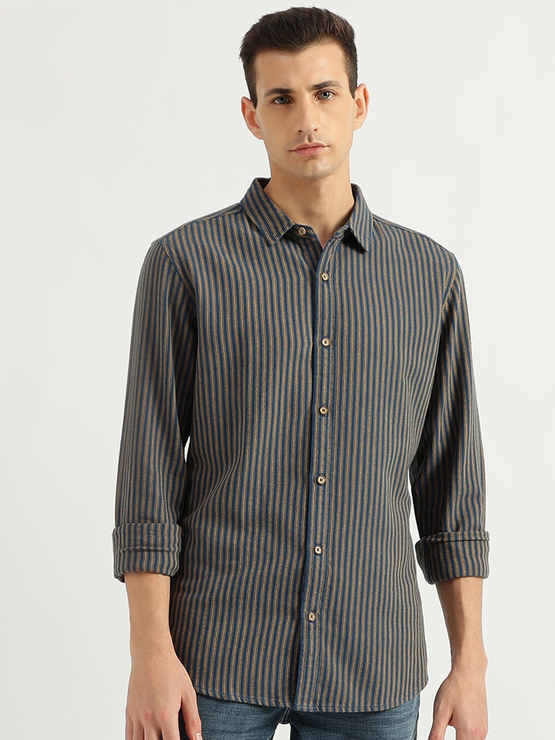 

United Colors of Benetton Striped Cotton Slim Fit Opaque Casual Shirt, Navy blue