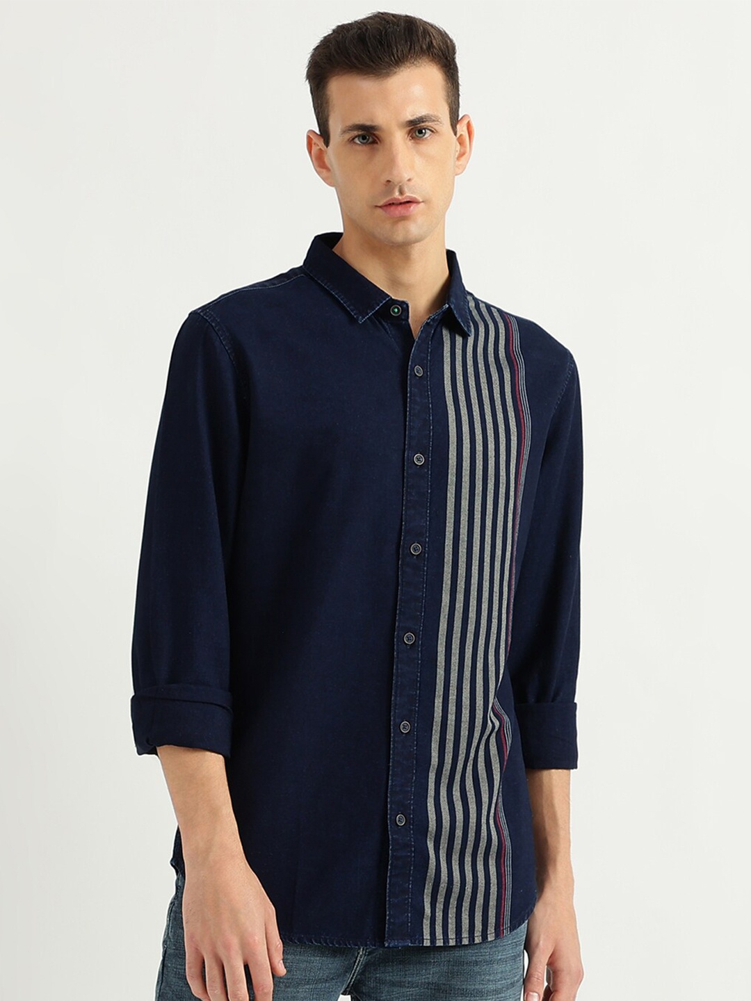 

United Colors of Benetton Slim Fit Vertical Striped Cotton Casual Shirt, Navy blue