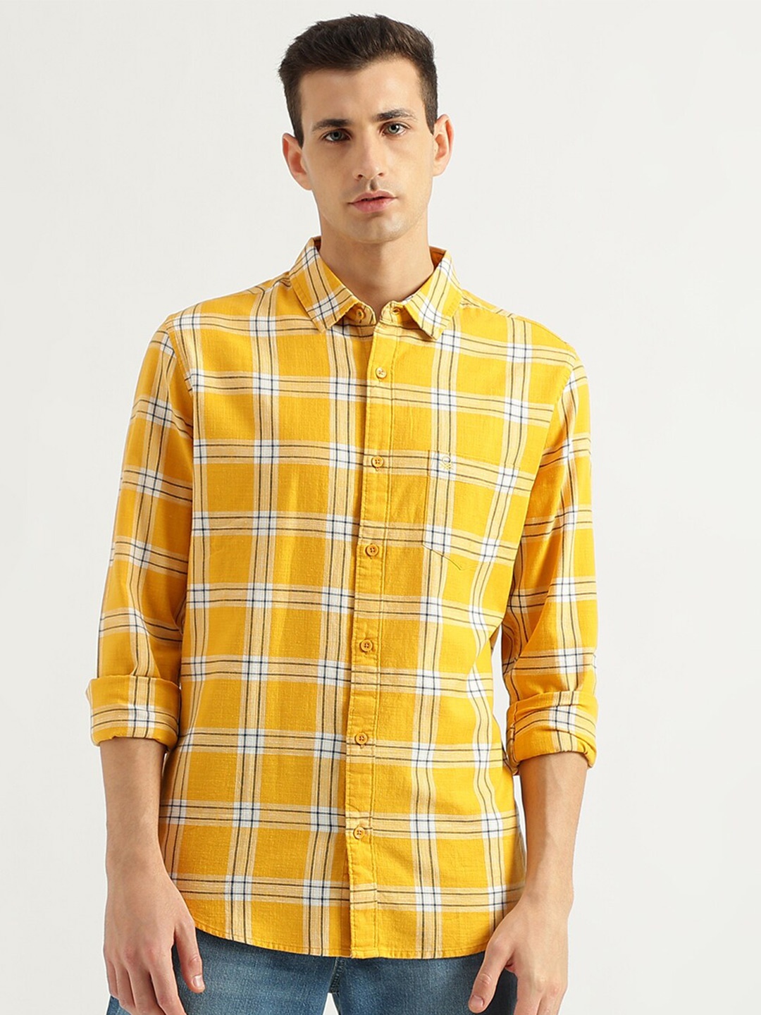 

United Colors of Benetton Checked Cotton Slim Fit Opaque Casual Shirt, Yellow