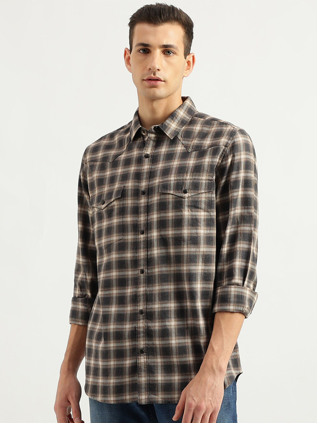 

United Colors of Benetton Tartan Checked Cotton Opaque Casual Shirt, Black