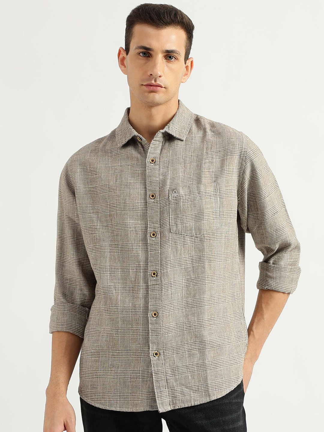 

United Colors of Benetton Checked Cotton Slim Fit Opaque Casual Shirt, Grey