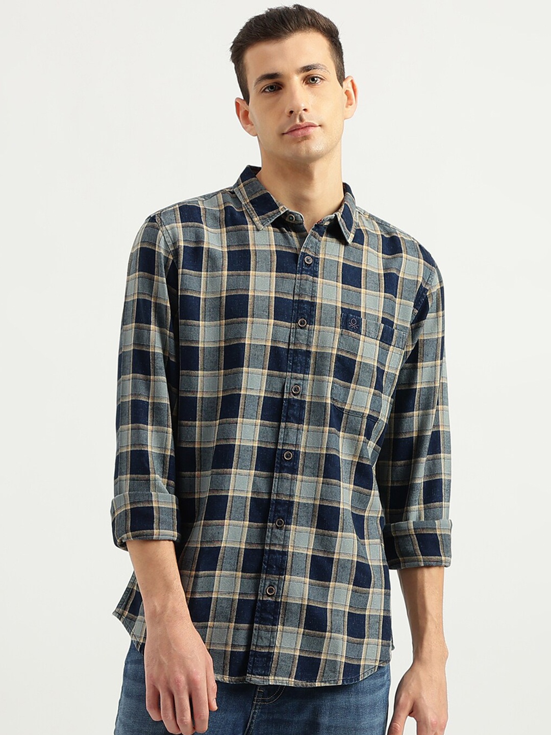 

United Colors of Benetton Tartan Checked Cotton Opaque Casual Shirt, Navy blue