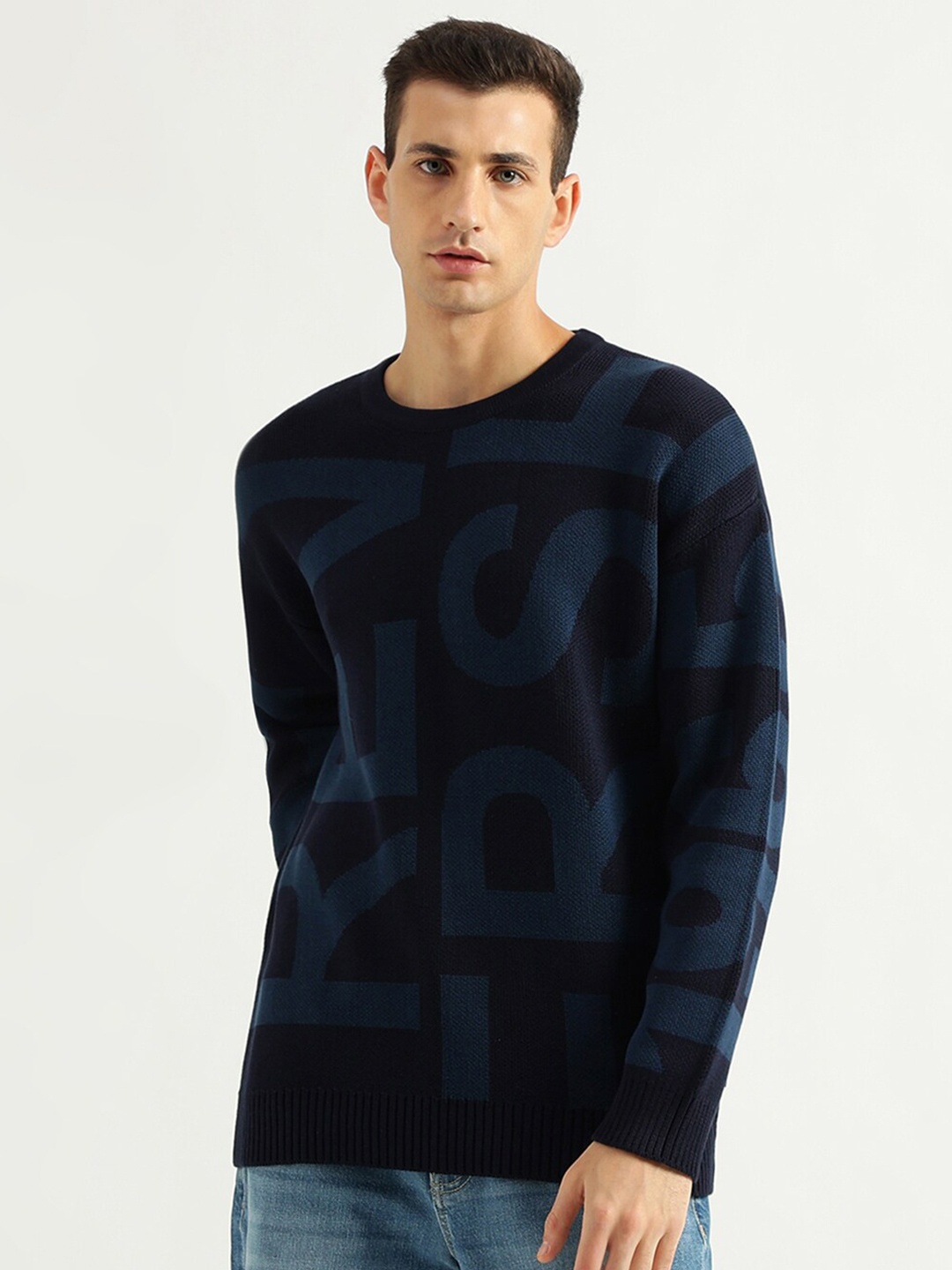 

United Colors of Benetton Typography Printed Round Neck Cotton Pullover, Navy blue