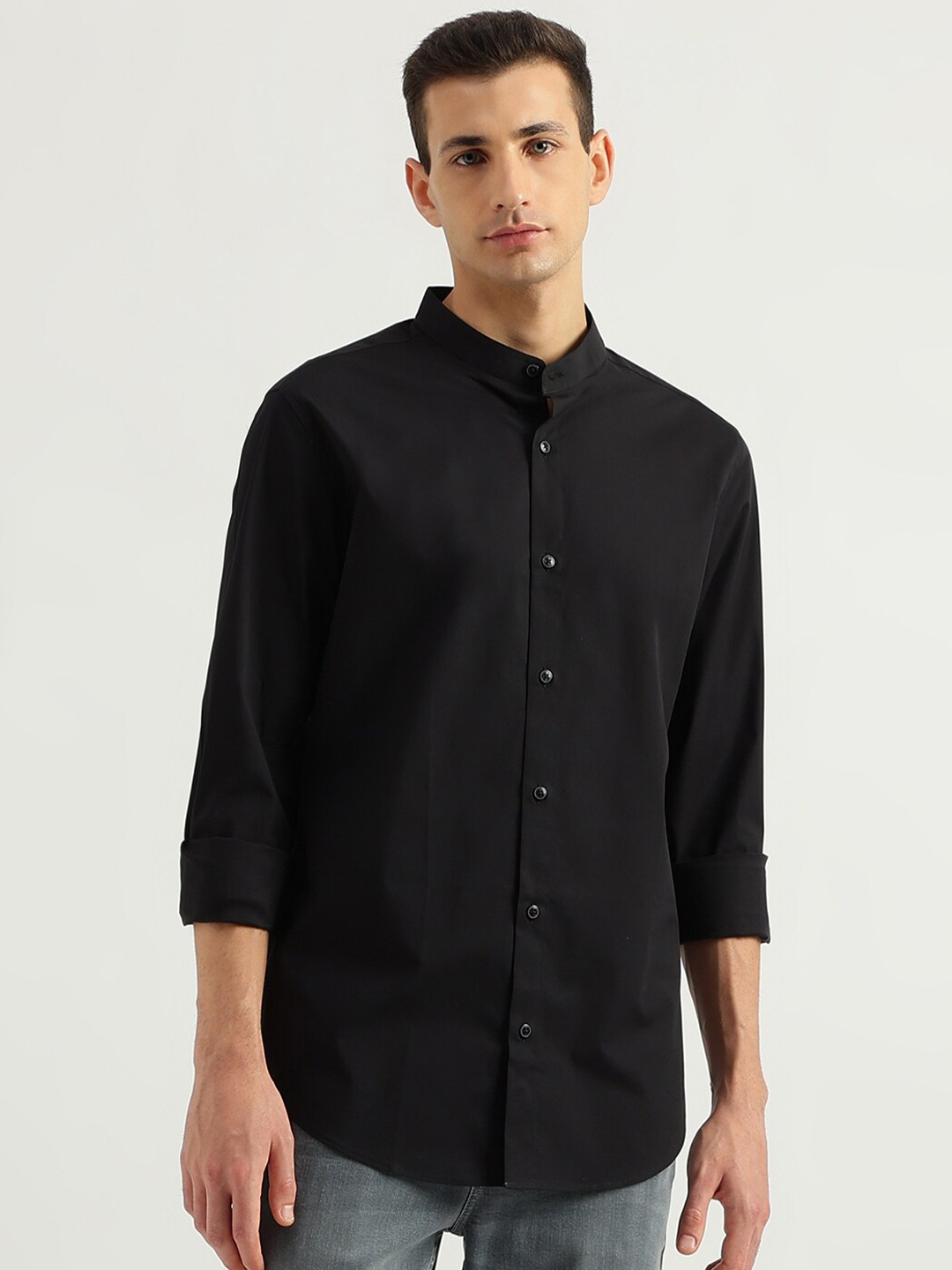 United Colors of Benetton Band Collar Slim Fit Cotton Casual Shirt, Black