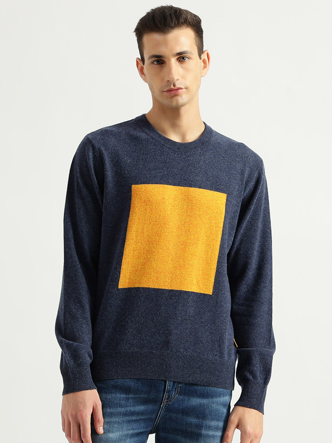 

United Colors of Benetton Colourblocked Round Neck Woollen Pullover, Blue