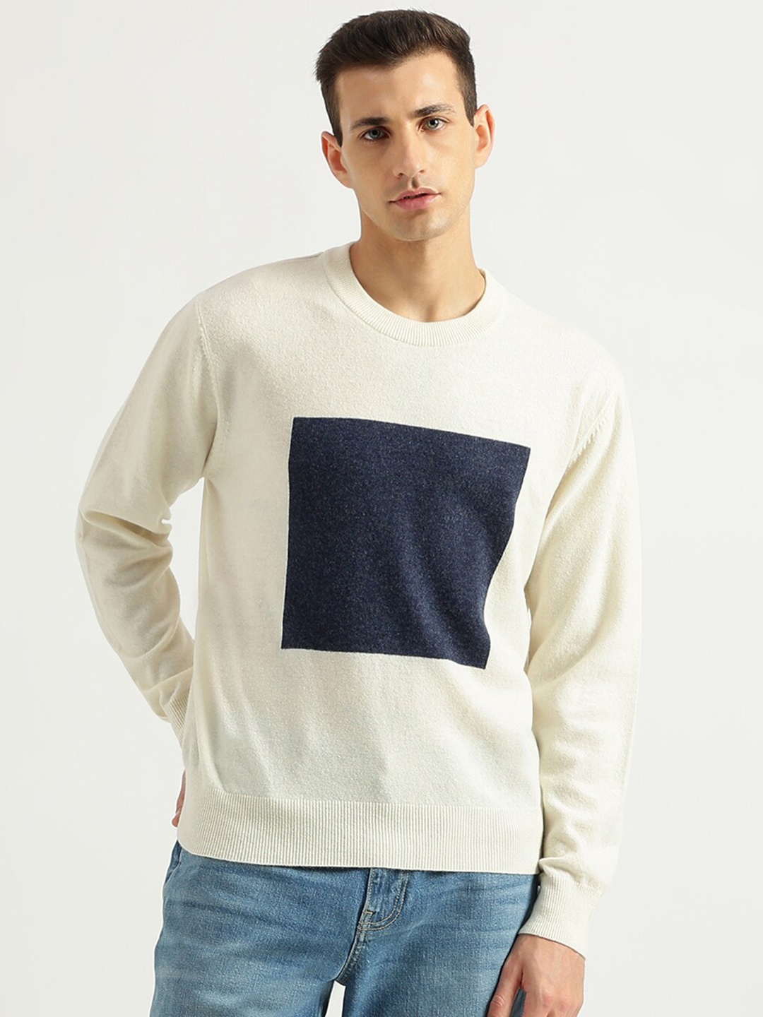 

United Colors of Benetton Colourblocked Round Neck Woollen Pullover, White