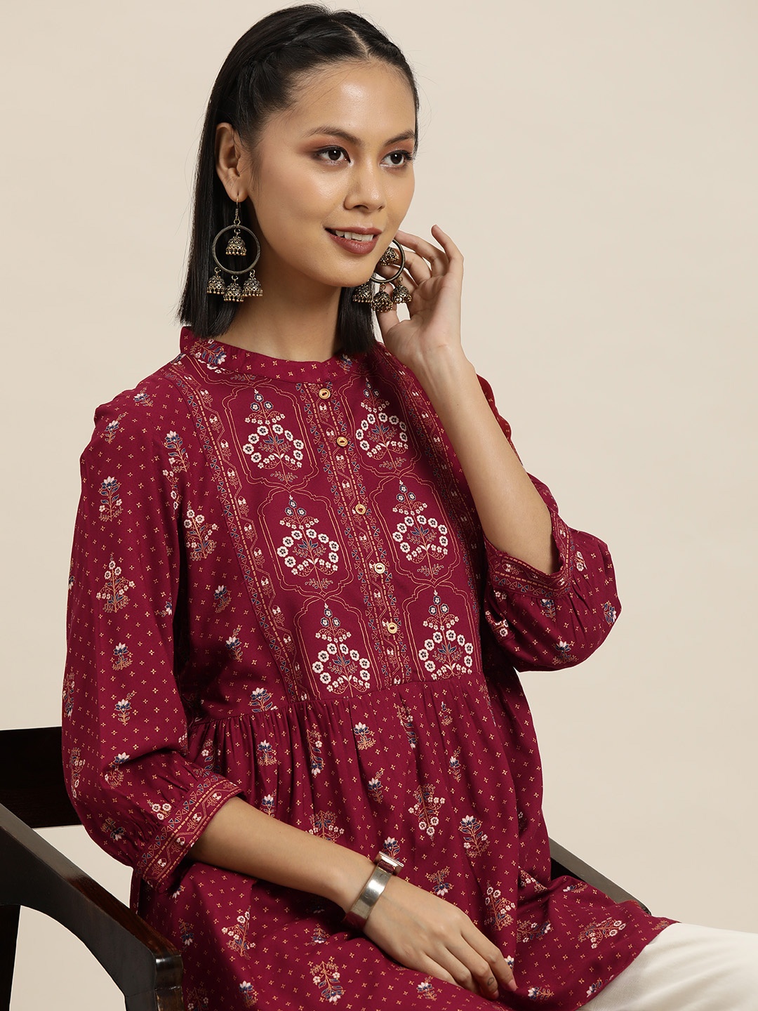 

HERE&NOW Ethnic Motifs Printed Mandarin Collar Puff Sleeves Pleated Kurti, Red