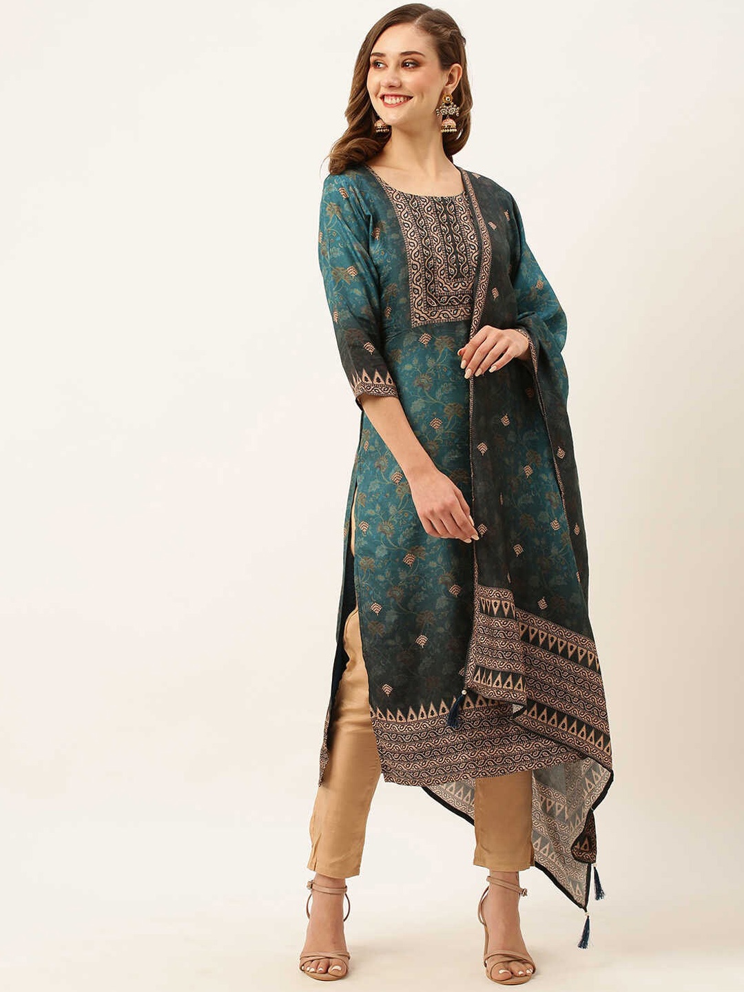 

ZOLA Ethnic Motifs Printed Kurta With Trousers & Dupatta, Teal