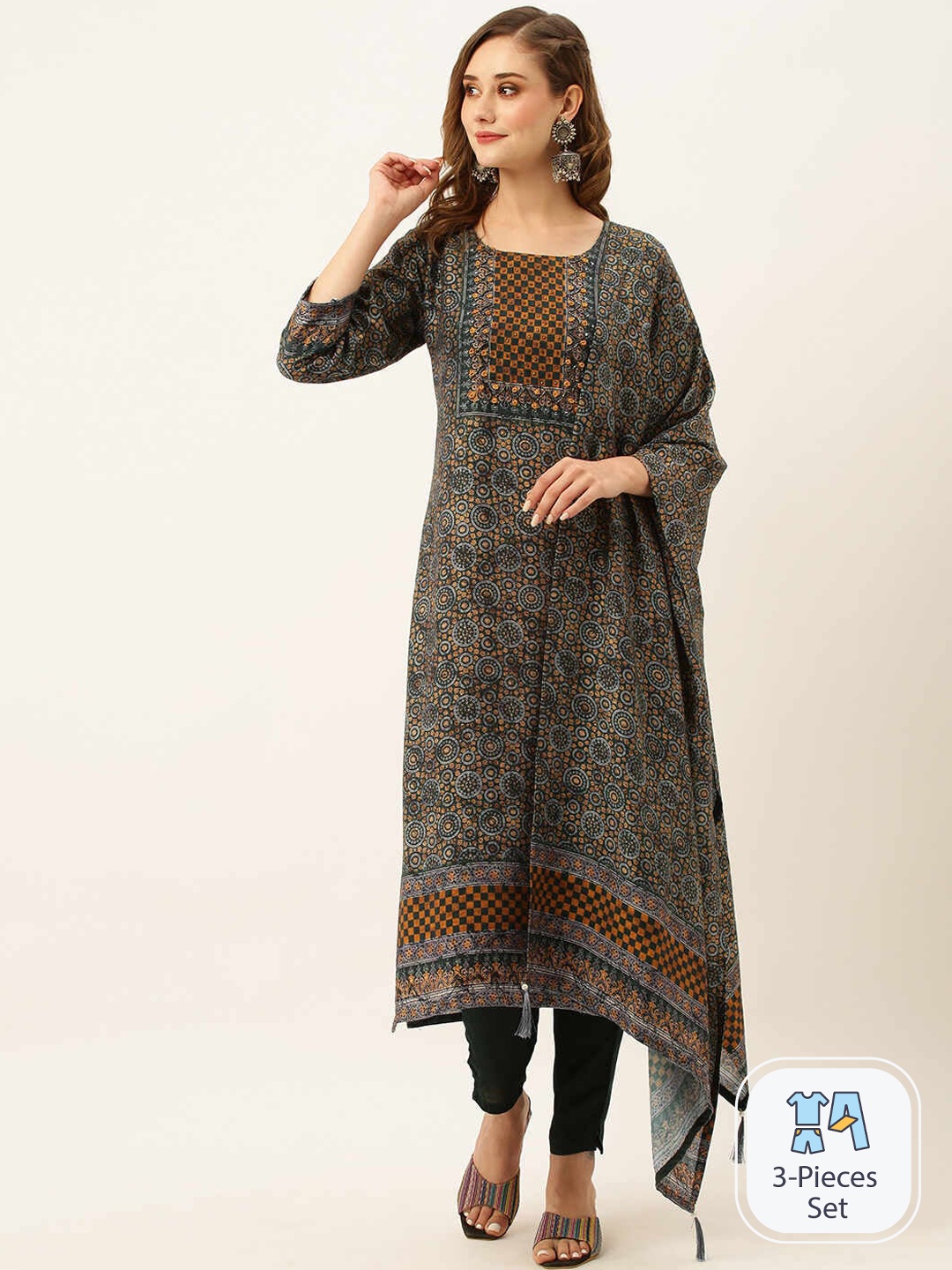 

ZOLA Ethnic Motifs Printed Sequinned Kurta With Trousers & Dupatta, Black