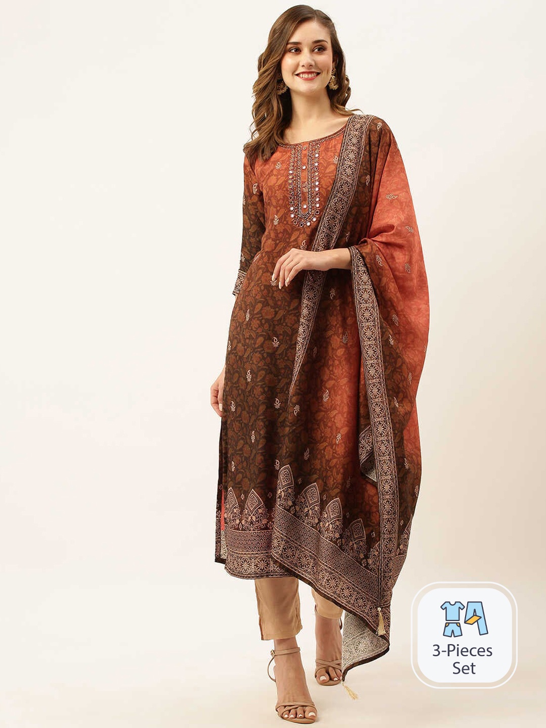 

ZOLA Ethnic Motifs Printed Mirror Work Kurta With Trousers & Dupatta, Brown