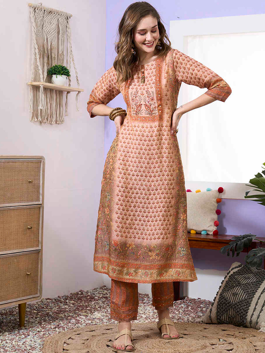 

ZOLA Ethnic Motifs Printed Sequinned Kurta With Trousers, Peach