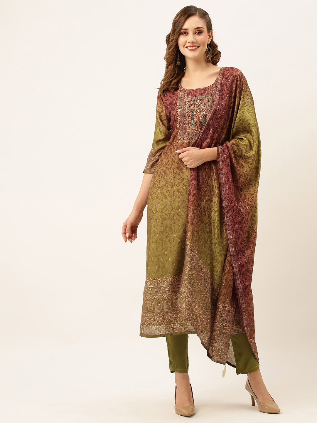 

ZOLA Ethnic Motifs Printed Beads & Stones Kurta With Trousers & Dupatta, Green