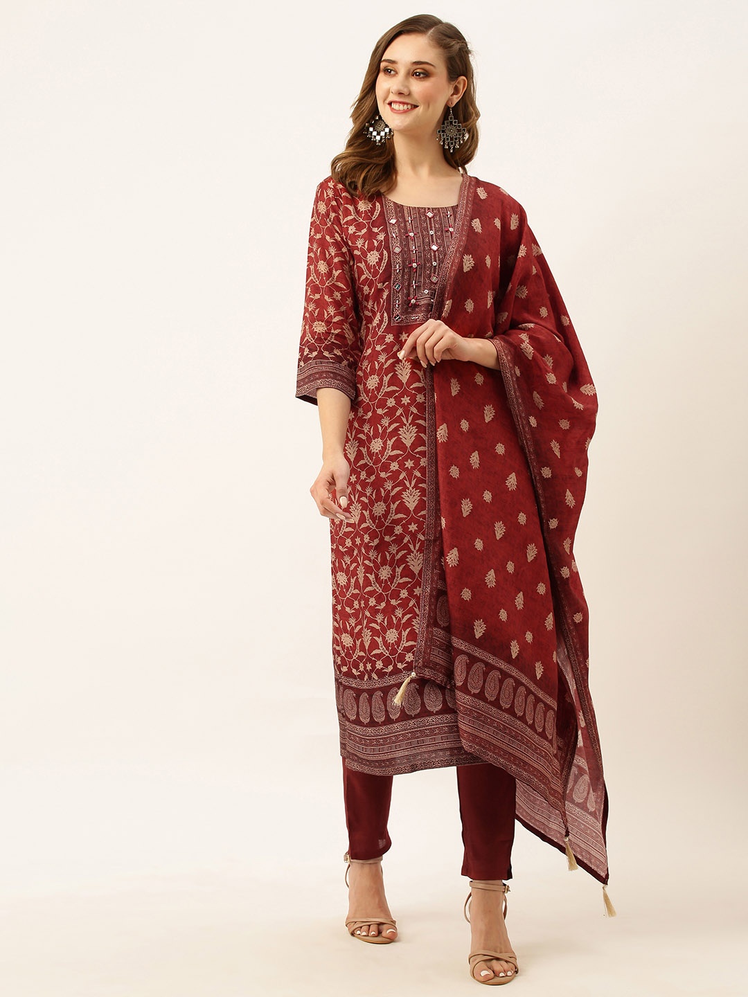 

ZOLA Ethnic Motifs Printed Mirror Work Detailed Straight Kurta & Trousers With Dupatta, Maroon