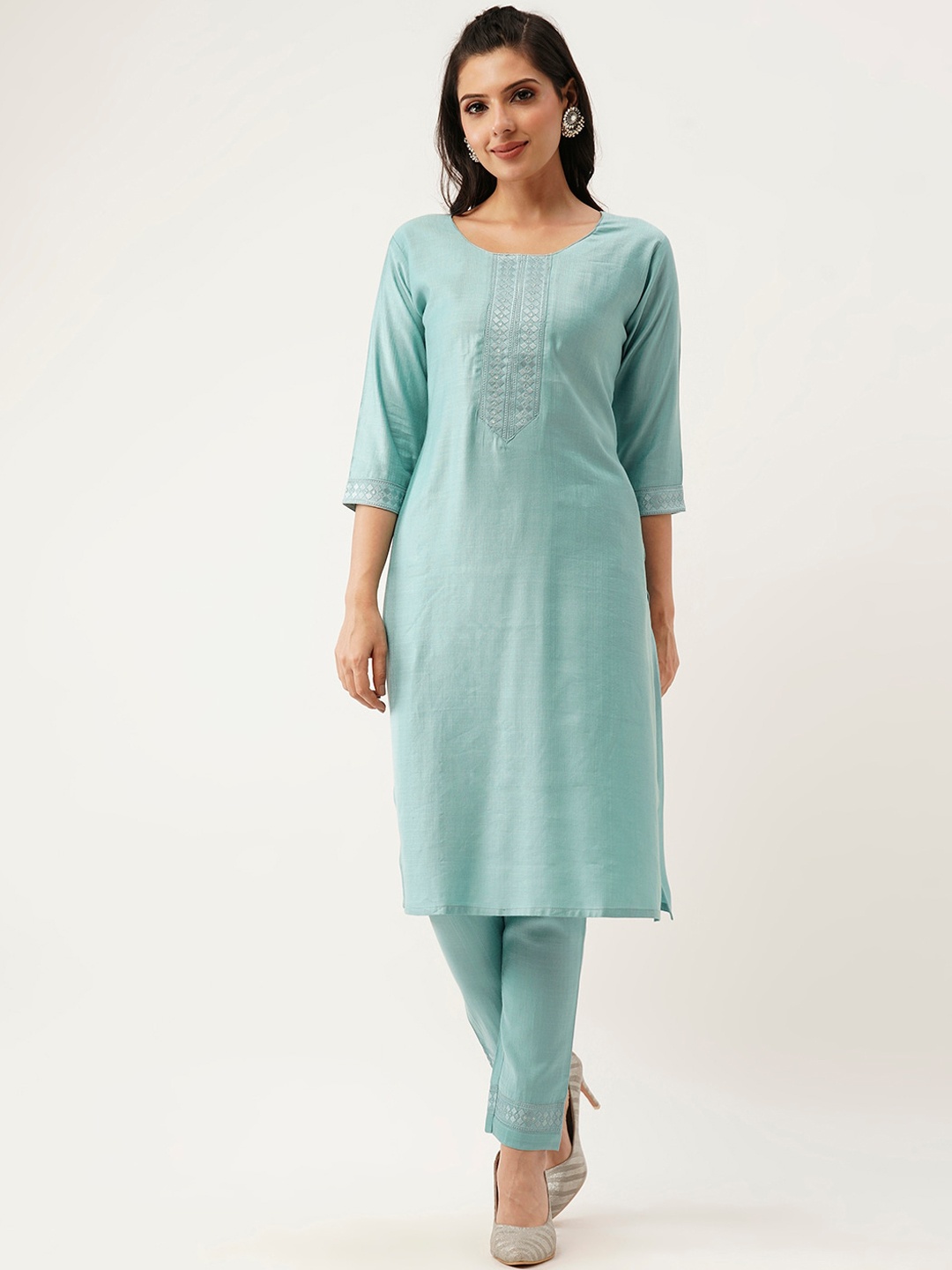 

ZOLA Thread Work Kurta With Trousers, Blue