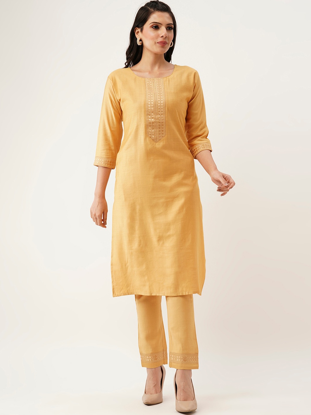 

ZOLA Ethnic Motifs Yoke Design Regular Thread Work Kurta With Trousers, Mustard