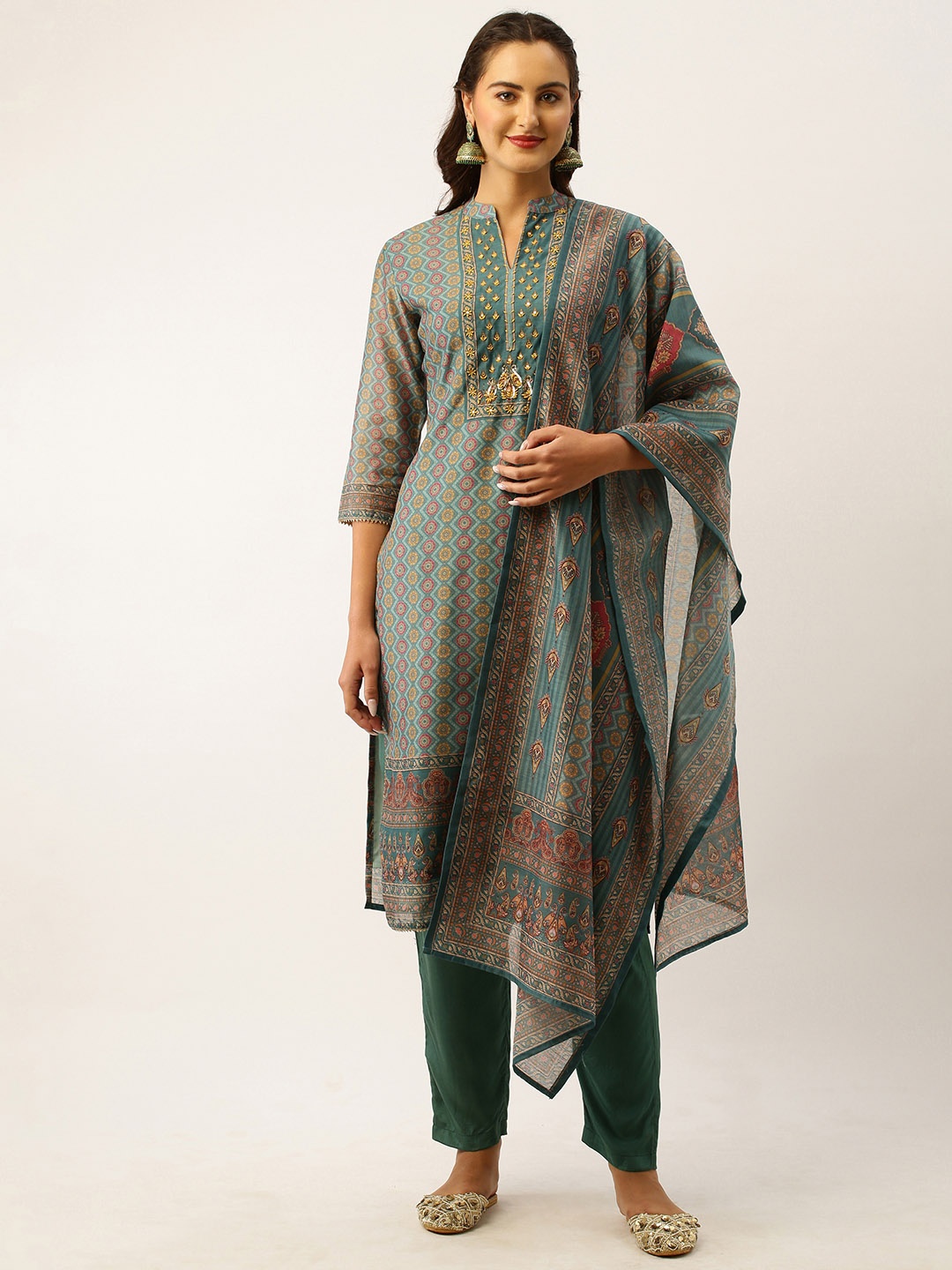 

ZOLA Ethnic Motifs Printed Mandarin Collar Beads & Stones Chanderi Silk Kurta Set, Green