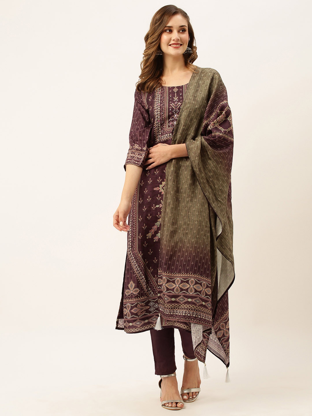 

ZOLA Ethnic Motifs Embroidered Beads & Stones Kurta With Trousers & Dupatta, Red