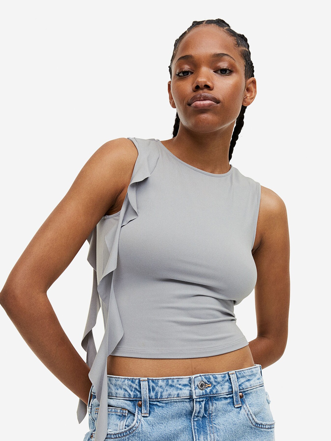 

H&M Ruffles Crop Top, Grey
