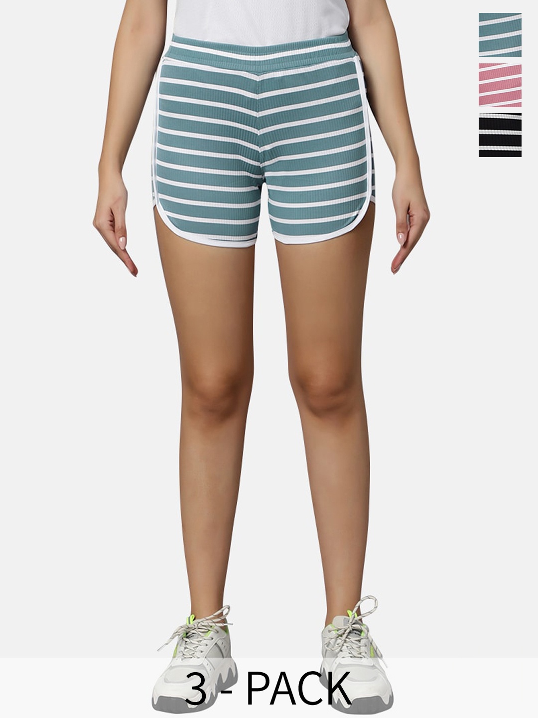 

Omtex Women Pack Of 3 Mid-Rise Striped Sports Shorts, Blue