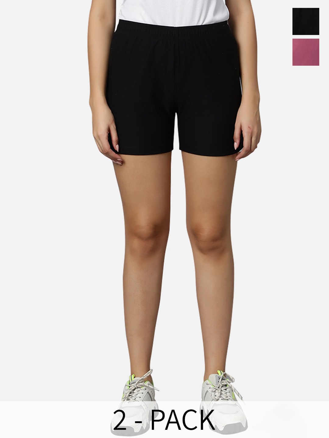 

Omtex Women Pack Of 2 Mid-Rise Sports Shorts, Black