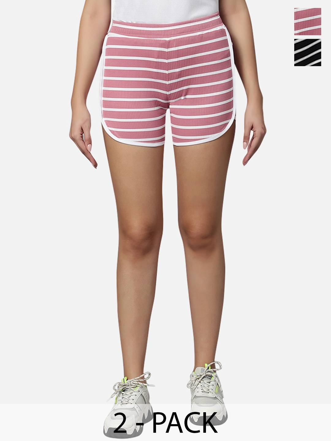 

Omtex Women Pack Of 2 Mid-Rise Striped Sports Shorts, Pink