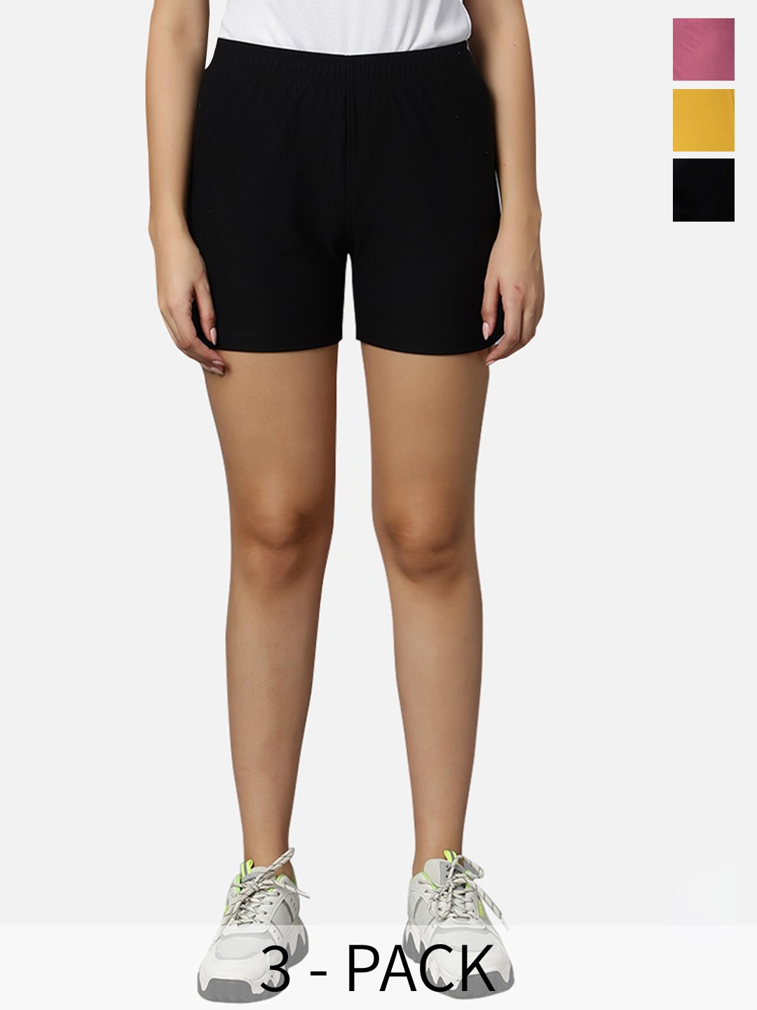 

Omtex Women Pack Of 3 Mid-Rise Sports Shorts, Black