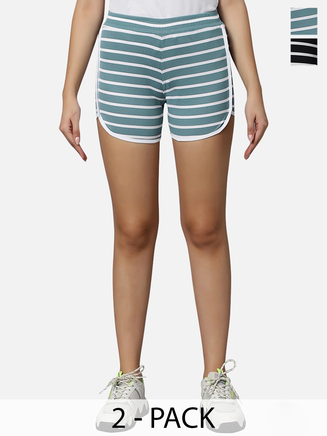 

Omtex Women Pack Of 2 Mid-Rise Striped Sports Shorts, Blue