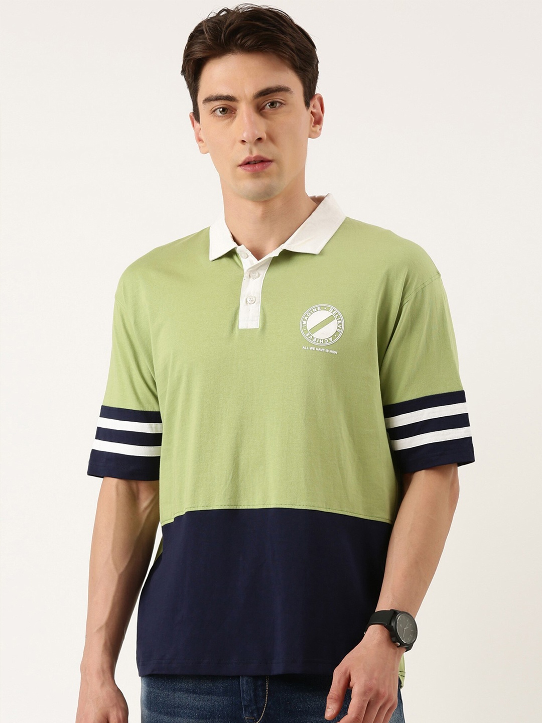 

Maniac Colourblocked Polo Collar Cotton Oversized T-shirt, Green
