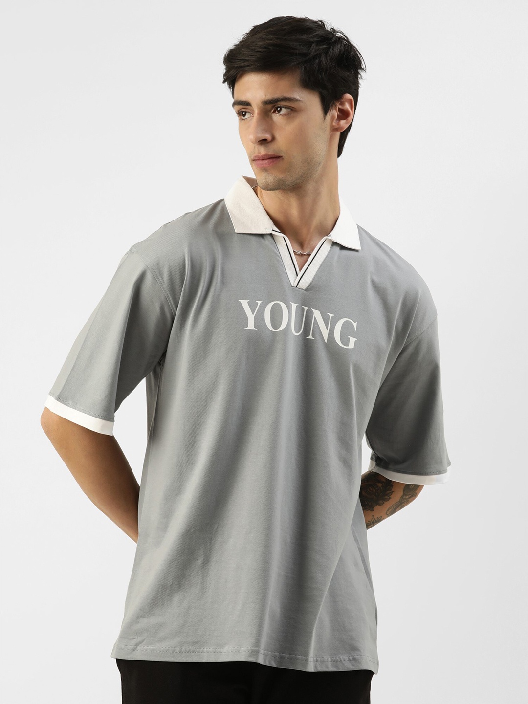 

Maniac Typography Printed Polo Collar Cotton Slim Fit T-shirt, Grey