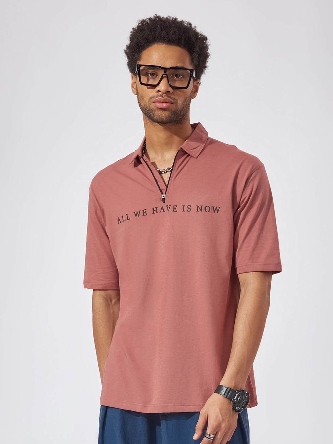 

Maniac Typography Printed Polo Collar Oversized T-shirt, Pink