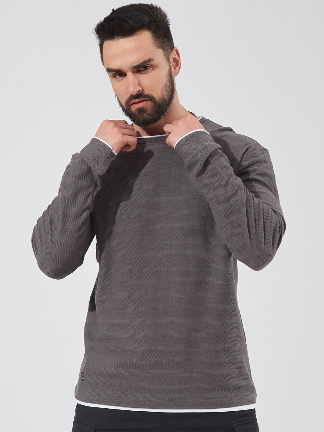 

Maniac Self Design Long Sleeves Slim Fit Cotton T-shirt, Grey