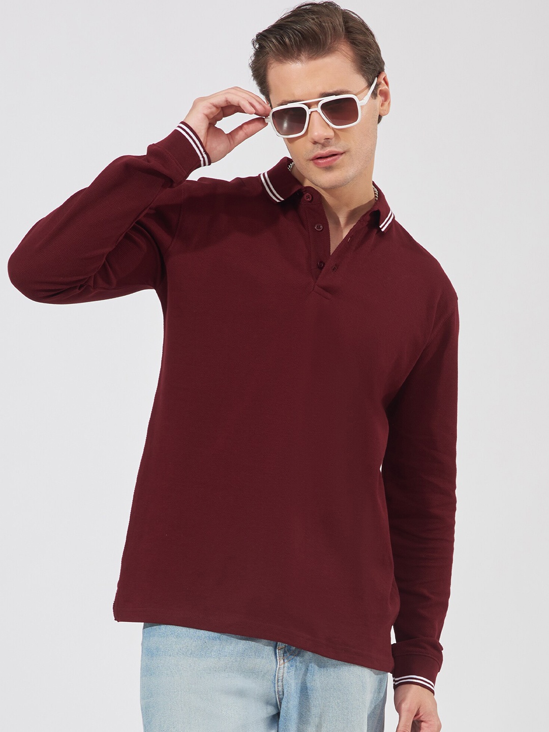 

Maniac Long Sleeves Polo Collar Slim Fit Cotton T-shirt, Burgundy