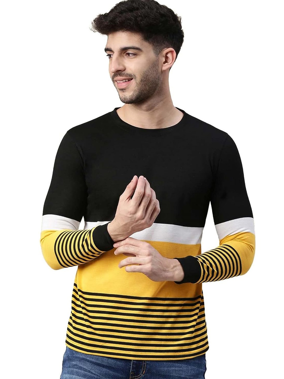 

Maniac Colourblocked Round Neck Cotton T-shirt, Black